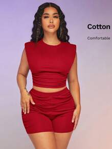 SHEIN SXY Ruched Crop Tank Top & Cycling Shorts - Red - View 6