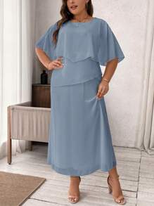 SHEIN Clasi Plus Size Short Sleeve Solid Color Mesh Dress, Minimalist & Fashionable - Baby Blue - View 3