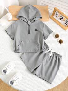SHEIN Leap Crew 2 件套幼儿男孩/女孩休闲日常运动连帽半拉链运动衫和短裤套装，适合春夏季 - 卡其色 - 查看 3
