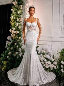 Glamrae 优雅蕾丝刺绣美人鱼长裙，可拆卸拖尾，长袖，露背，适合婚礼、派对、蜜月、新娘