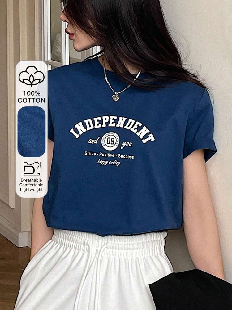 Letter Print Round Neck Short Sleeve T-Shirt Summer,Graphic Tees