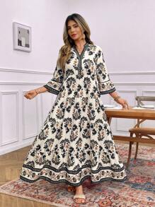 SHEIN LUNE Plus Size Women Floral Print V-Neck 3/4 Ruffle Sleeve Casual Vacation Dress Sun Dress Holiday Festival