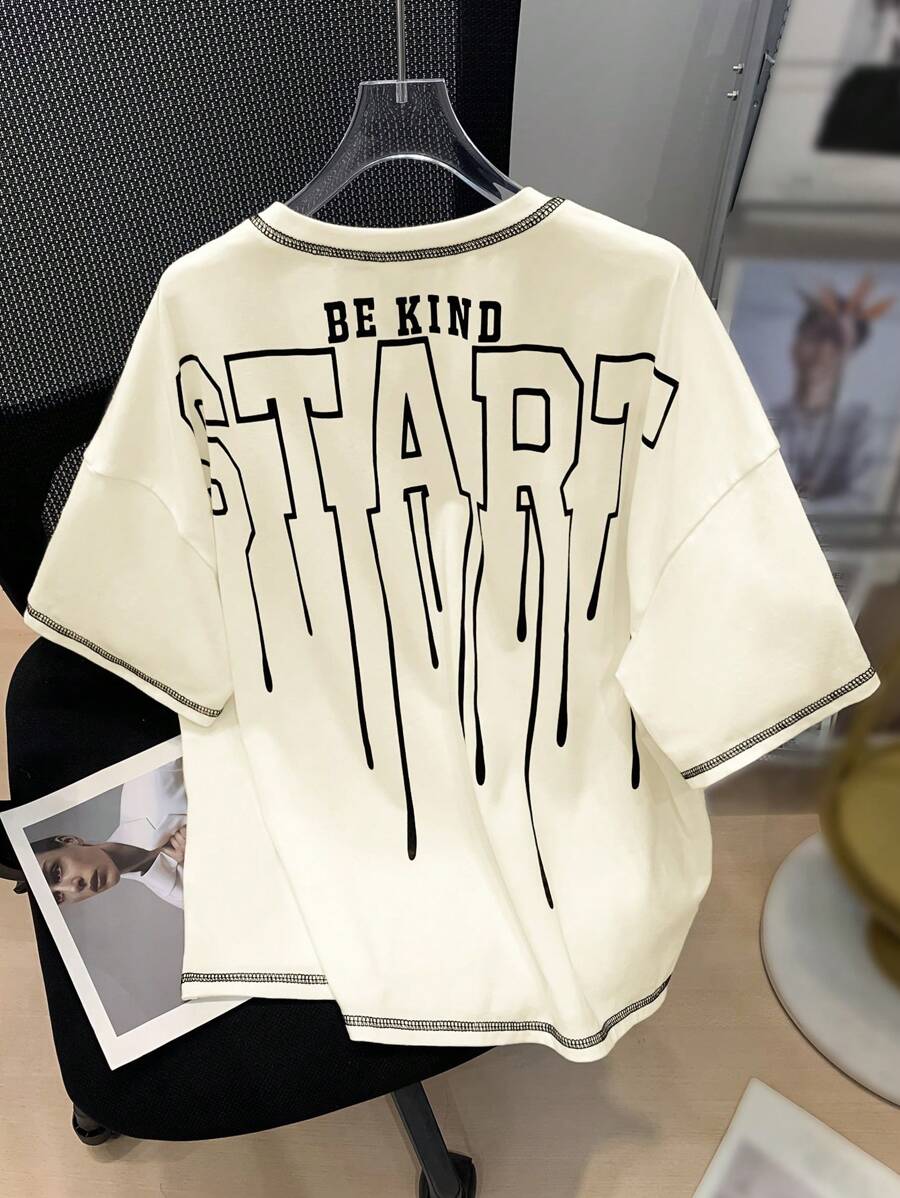 SHEIN Tween Boy Casual Cool Kids Letter Printed Round Neck Oversized Knit T-Shirt With Patch - Apricot - View 1