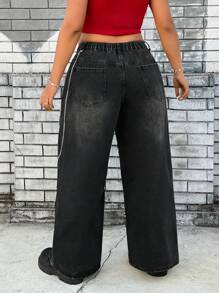 SHEIN ICON Black Rivet Chain Hollow Non-Stretch Denim Jeans