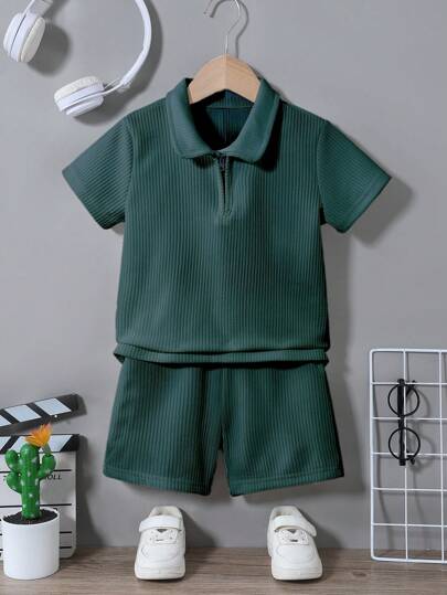 SHEIN 2 件套年轻男孩休闲罗纹半拉链夹克和短裤套装，夏季百搭，适合外出和场合，简约舒适