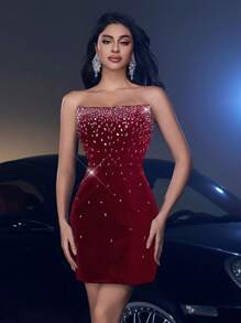 Glamrae Vestido sin tirantes elegante con cadena de diamantes lujosa y rhinestones 3D, vestido ajustado de estilo vintage para invitados de boda, apto para ceremonia de graduación, vacaciones, despedida de soltera, banquete formal