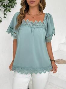 SHEIN Clasi Plus Size Women Elegant Casual Commuter Style Hollow Out Embroidery Texture Fabric Square Collar Splice Lace Trim Puff Sleeve Doll Dress, Gentle Maiden Vibe, Suitable For Dates, Graduation, Festivals, Valentine's Day, Thanksgiving, Christmas, Easter, National Holiday, Prom, Meetings, Commuting, Daily Outings, St. Patrick's Day - Multicolor - View 4