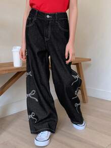 DAZY 秋冬款Tween女童蝴蝶结印花直筒简约时尚牛仔裤 - 黑色 - 查看 4