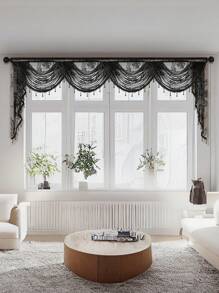 1 pieza Cortina de encaje francés negro, con estilo dulce y volante floral delicado, adecuado para decorar ventanas y puertas de la sala de estar y el dormitorio