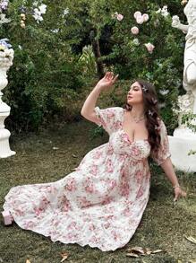 Flirla Plus Size Women Summer Floral Print Front Drawstring Short Sleeve Elegant Dress For Spring - Multicolor - View 4