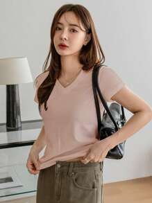Dazy-Less 女士纯色 V 领短袖 T 恤，夏季复古风格商务休闲女士工作服 - 藕粉色 - 查看 5