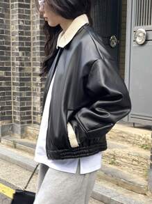 DAZY 女式 PU 皮革和仿羊毛拼布夹克，秋季女装