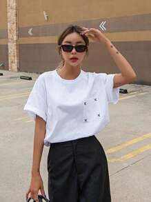 DAZY Embroidery Pocket Patched Drop Shoulder Tee Summer Preppy Tops - White - View 7