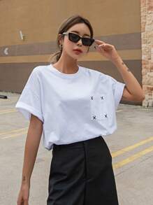 DAZY Embroidery Pocket Patched Drop Shoulder Tee Summer Preppy Tops - White - View 8