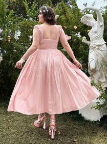 Lyrianda Abito casual vintage rosa con arricciatura in vita per taglie forti, adatto per vacanza, appuntamenti e uso quotidiano, primavera/estate