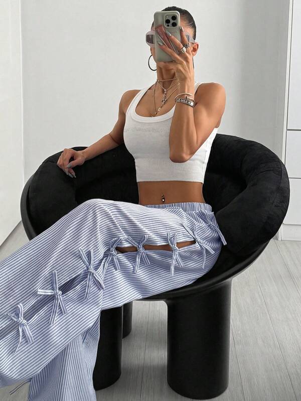 SHEIN ICON Spring And Summer Blue And White Casual Low Waist Side Tie Bow Striped Wide Leg Pants