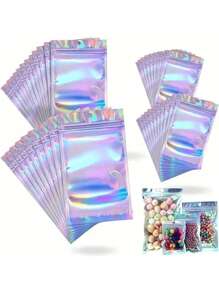 SHEIN 100pcs/Pack Thick 16mil Multicolor Laser Holographic Resealable Packaging Bags, Material, Reusable Zipper Seal Bags, Suitable For Snacks, Seeds, Jewelry, Accessories Packaging Back To School