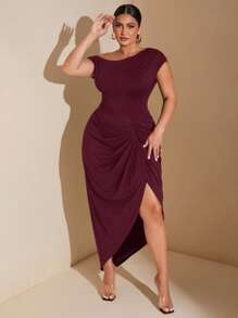 SHEIN PETITE CURVE Plus Size Women's Elegant Date Party Black Stretch Knit Comfort Gathered Details Draped Dress Asymmetric Hem Slit Midi Dress, Suitable For People Of Shorter Stature - Burgundy - View 4