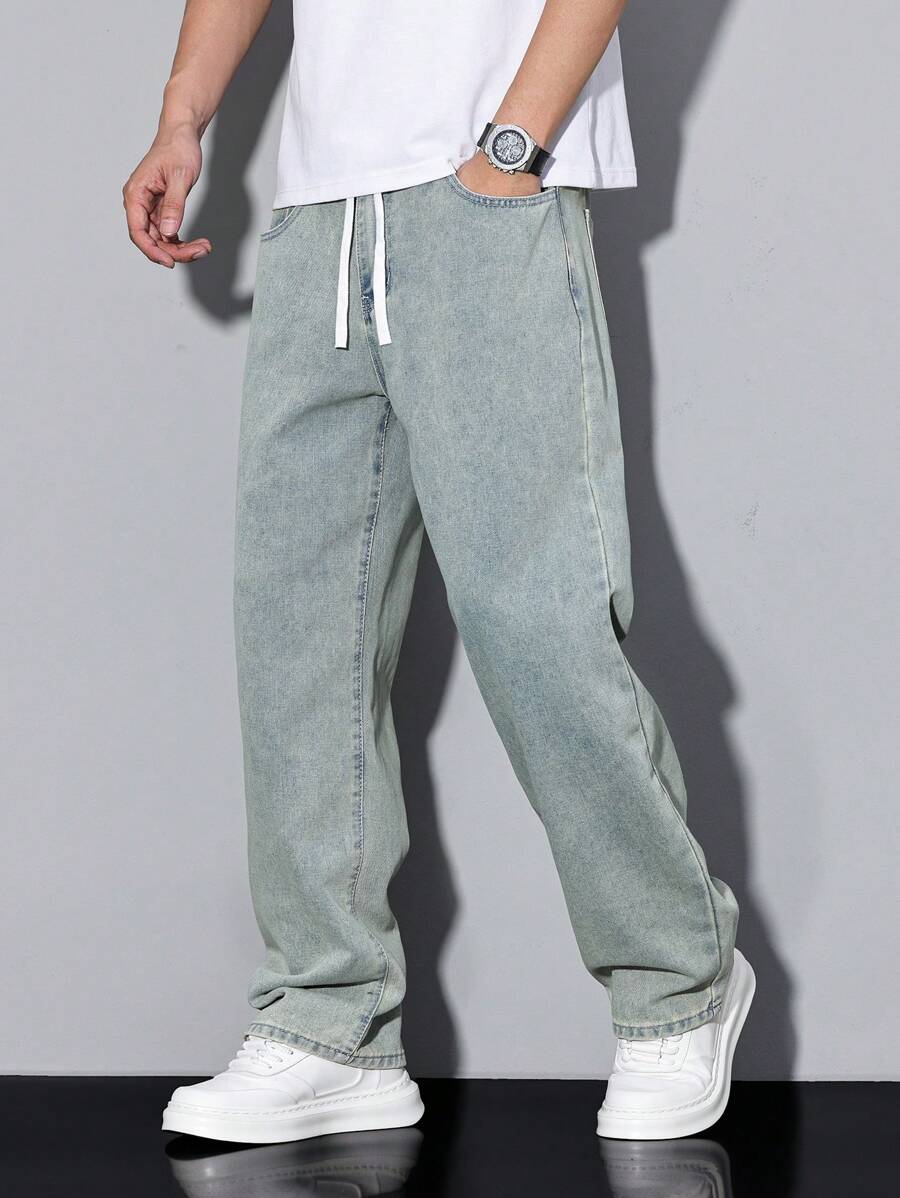 Manfinity Homme Loose Men Drawstring Waist Wide Leg Jeans - Blue - View 1