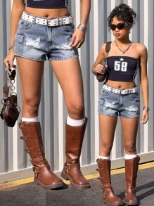 SHEIN Quần short denim rách màu xanh dáng ôm dành cho nữ tuổi teen phong cách Y2K, trang phục thường ngày mùa xuân hè, phong cách boho năng động, nhiều túi hộp, cá tính đường phố, trang phục lễ hội miền Tây. - Rửa nhẹ - Xem 2