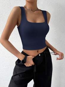 Siren Gaze 女士方领短款基本纯色背心 - 藏蓝色 - 查看 7