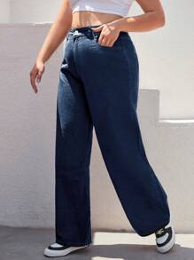 EURMUSE 98%Cotton Plus High Waist Wide Leg Jeans - Dark Wash - View 5