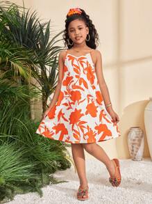 SHEIN Tween Mädchen Lässig Locker Bedrucktes Webstoff Trägerkleid in Midi-Länge, Urlaubsstil