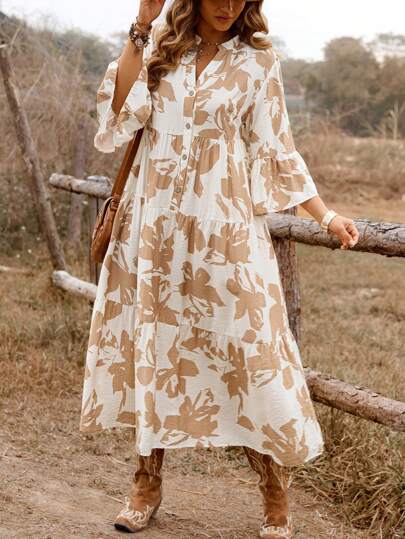 SHEIN Clasi 大码女式西式音乐节复古休闲节日纽扣复古花卉印花 A 字形蛋糕连衣裙，春夏