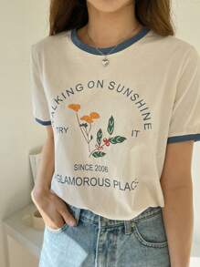 DAZY Letter & Plants Print Contrast Trim Tee Summer,Teacher Outfits - Beige - View 8