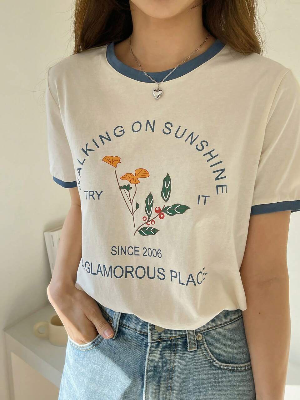 Letter & Plants Print Contrast Trim Tee Summer,Teacher Outfits Easter