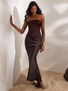 Opulessa Solid Color Knitted Bandeau Mermaid Dress For Women - Coffee - View 6