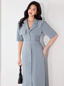 Heiryn Women's Solid Color Lapel Neck Casual Dress With Single Breasted Button