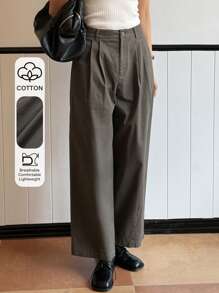 DAZY Women Solid Color Loose Pocket Pleated Ankle Length Pants - Grey - View 1