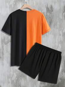 Manfinity LEGND 2pcs/Set Men Colorblock Print Short Sleeve T-Shirt And Shorts