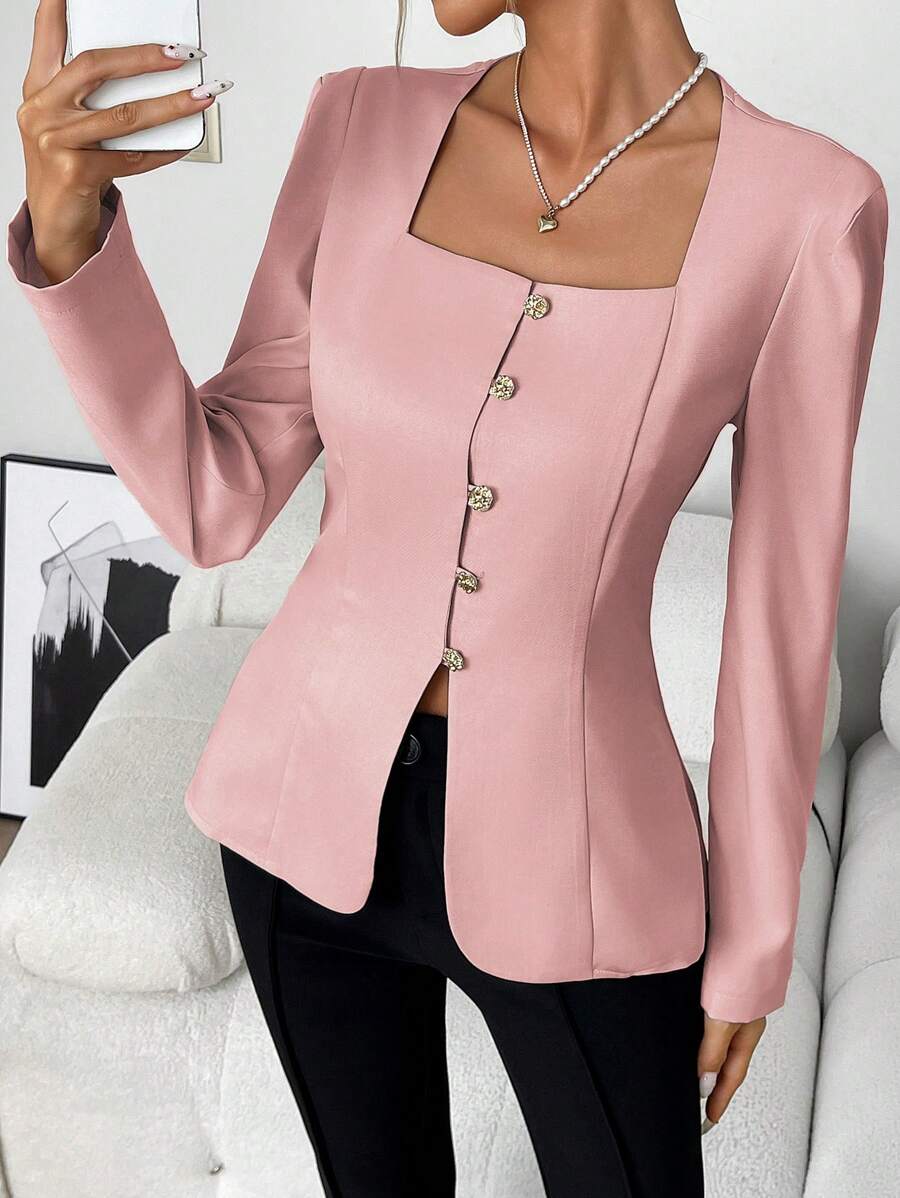 SHEIN Clasi Women's Elegant Solid Color Casual/Office Trapezium Collar Long Sleeve Shirt With Metal Buttons, A-Line Cut, Apricot Color, Spring/Autumn/Winter - Pink - View 1