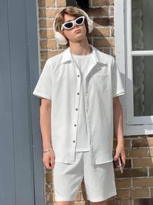 SHEIN Teen Boy Casual Beach Waves Wide-Collar Short Sleeve Shirt And Shorts Two-Piece Set - White - View 5
