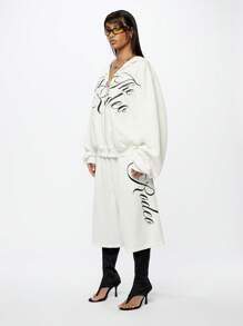 SUMWON WOMEN 超大高腰阔腿百慕大短裤休闲舒适家居服抽绳图案慢跑裤裙四季百搭裤装 - 白色 - 查看 4