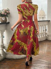 EMERY ROSE 女士夏季 V 领热带植物印花短款泡泡袖长裙女装 - 酒紅色 - 查看 2