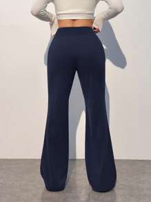 SHEIN EZwear 大码休闲家居服简约柔软弹力低腰海军蓝裤阔腿裤喇叭裤高腰裤女裤 - 藏蓝色 - 查看 2