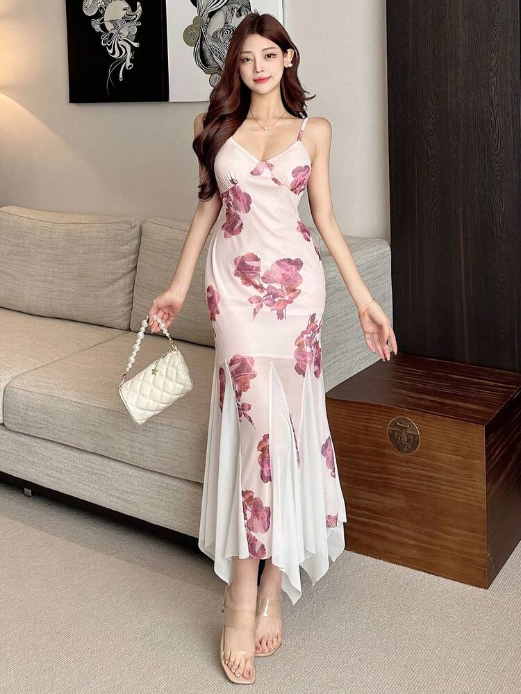 Elegant Sexy Spaghetti Strap V-Neck Floral Mesh Fishtail Dress Sundress Cocktail Dress