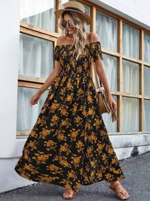 Breezaya 露肩碎花高开叉连衣裙 超长度假海滩装 女式 - 彩色 - 查看 5