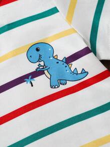 SHEIN Conjunto de 2 piezas de niño bebé para vacaciones informales: Camiseta con estampado de dinosaurio a rayas coloridas y pantalones cortos con tirantes, para verano - Multicolor - Ver 7
