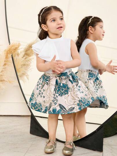 SHEIN Leap Crew 女婴花卉印花荷叶边下摆上衣和裙子 2 件套，夏季