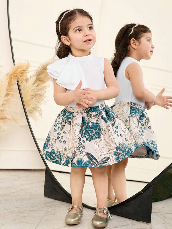 SHEIN Leap Crew 女婴花卉印花荷叶边下摆上衣和裙子 2 件套，夏季