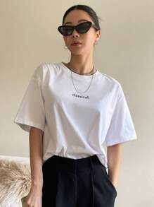 DAZY 字母图案圆领 T 恤夏季超大 T 恤学院风上衣 - 白色 - 查看 6