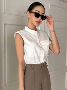 DAZY Camisa sin mangas con bolsillo con solapa y botones delanteros, top sin mangas - Blanco - Ver 4