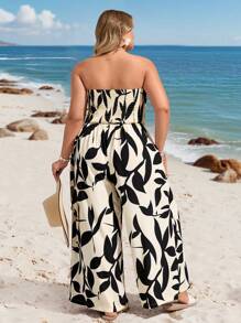 SHEIN VCAY Plus Size Women Black & Beige Tree Leaf Silhouette Print Halter Beachwear Jumpsuit South Beach Outfits Saint-Tropez Outfits Summer Outfits For Women European Summer Western Wear Women Cute Summer Outfits Beach Outfits Boho Women Clothing Vacation Outfits Woman Resort Wear Women Hippie Clothes For Women Easter Outfit Women Rave Outfits Country Concert Outfit Nashville Outfits Coachella Outfits Ibiza Outfits