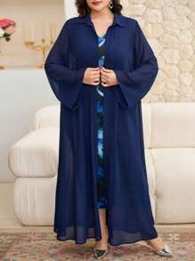 Al Najma Plus Size Women Floral Print Sleeveless Dress & Robe Set, Loose Abaya Style - Multicolor - View 3