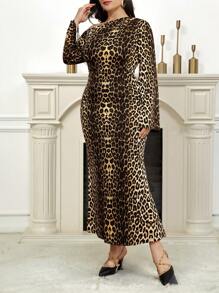 Modelyn Plus Size Fashionable Leopard Print Asymmetric Neck Flare Sleeve Dress - Multicolor - View 7