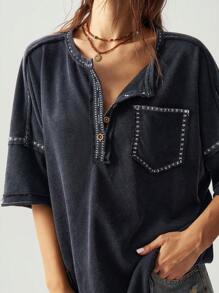 Bohemela 休闲纯色针织短袖部分拉链宽松水洗大码 T 恤 - 黑色 - 查看 3